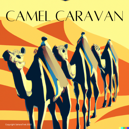 Art Deco travel poster of a camel caravan