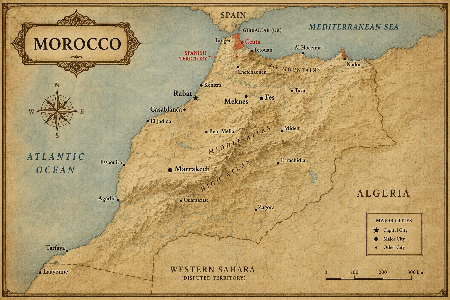 Vintage-style illustrated map of Morocco showing tour cities including Marrakech, Fez, and Chefchaouen, with the Spanish territories of Ceuta and Melilla highlighted in red on the northern coast