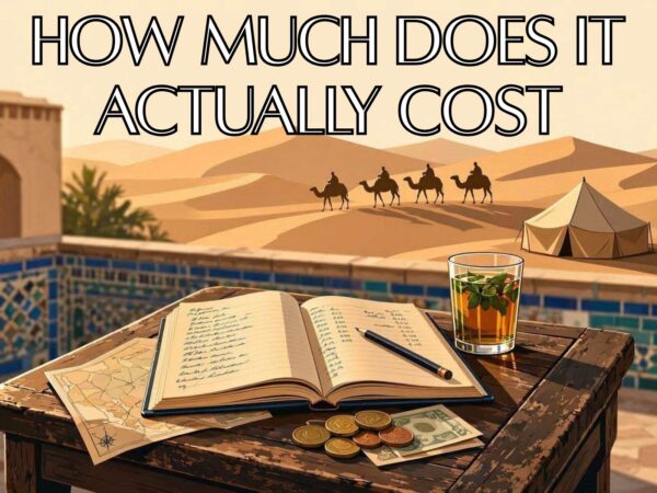 Handwritten travel budget ledger with Moroccan dirham coins and mint tea on a wooden table, Sahara desert camp in the golden background - calculating Morocco tour cost
